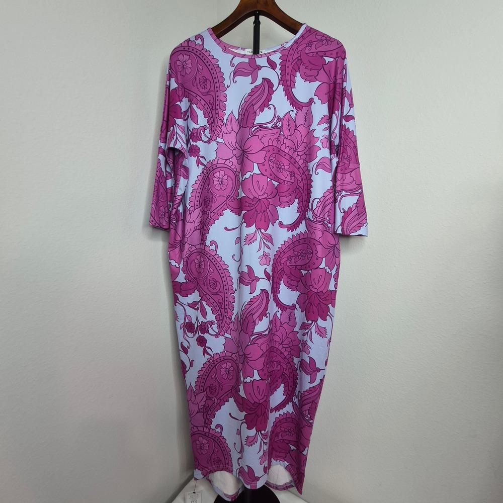 Nuggles Womens Pink Paisley Floral Cocoon Midi Dress 3/4 Sleeve Size Small NWT